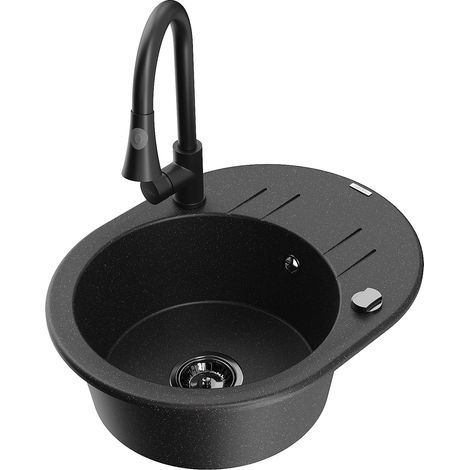 Mexen Kevin lavello in granito a 1 vasca con scolapiatti e miscelatore cucina Elia, nero/argento metallizzato (1/5)