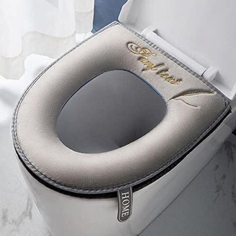 1pc(gris) housses de siège de toilette douces et épaisses avec poignée pour abattant WC - Lavable - Convient à tous les sièges de toilette ovales (1/4)
