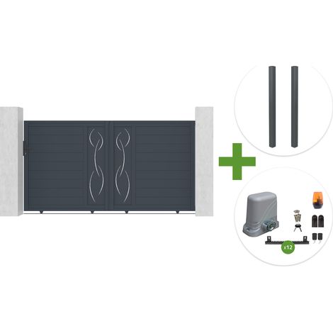 Portail coulissant 3m LIFE H.160cm aluminium gris + 2 poteaux ELDA + motorisation Tanker C600 (1/5)
