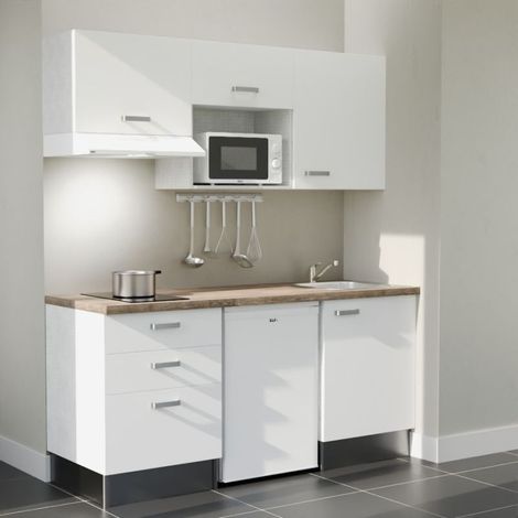 Kitchenette K20L-PT - 180 cm - plan stratifié, évier inox, - Façade Blanc - Plan Bois - Evier Inox - Crédences Non + Electroménager inclus coloris Blanc