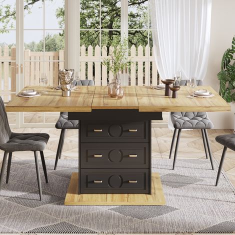 Table de salle à manger extensible 110-140x80 cm en MDF naturel, avec rangement, moderne FloraGrace (1/5)
