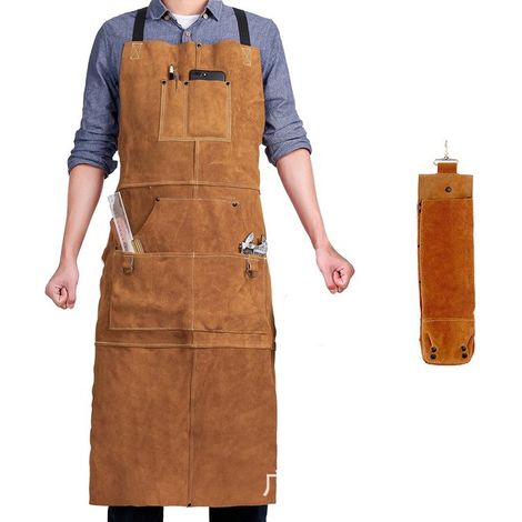 Tablier de soudage en cuir de vachette avec 6 poches, tablier de travail avec coutures en Kevlar, protection pour soudage, forge, bricolage et atelier (1/5)