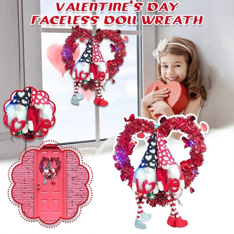 Décoration de Saint-Valentin : Couronne de gnomes à suspendre au mur pour la porte d'entrée, avec guirlande lumineuse LED en forme de cœur, style ferme. (1/4)