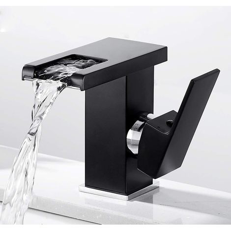 Grifo de baño - Agua fría y caliente - LED que cambia de color - Caño ancho tipo cascada - Negro - Altura 12,5 cm (1/5)