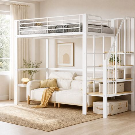 Cama alta metálica blanca 90 x 200 cm con escalera y espacio de almacenaje debajo (1/5)