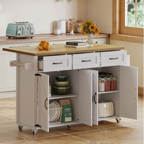 Meuble de cuisine îlot avec plateau rabattable, 140 x 43/70 x 90,5 cm, blanc et bois DESVIAE (1/5)