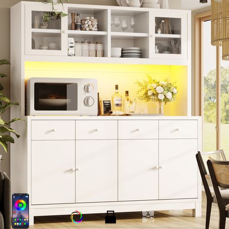 Aparador alto de cocina 140x38,5x180 cm con LED RGB, puertas de cristal, 4 cajones y estantes ajustables, blanco (1/5)