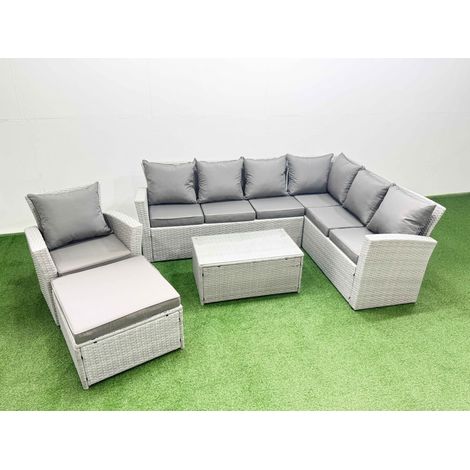 Fimous Garden Outdoor PE Rattan Furniture Set 8 Seater Rattan Garden Sofa Set with Big Footstool Light Grey Mixed (1/4)