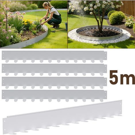 Jiubiaz Bordüre aus flexiblem Stahl für Garten & Rasen - 5 Paneele à 100 cm (5 m Gesamtlänge) - Höhe 5 cm - Farbe Silber - inkl. 60 Erdankern & Befestigungsnägeln