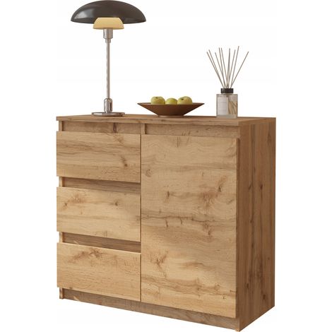 Commode chêne Wotan 80 cm – 3 tiroirs, 1 porte, 1 étagère – Design moderne sans poignées – Dimensions compactes pour petits espaces (1/5)