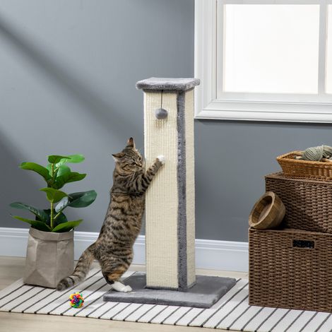 Griffoir pour chat poteau griffoir chat en sisal et peluche, boule suspendue base stable 41 x 41 x 81 cm gris et crème
