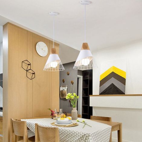 Lot de 2 Industriel Lustre Suspension Créatif Abat-jour Ø25cm en Forme Badminton en Métal et Bois Plafonnier Lampe E27 pour Chambre Salon Cuisine Blanc (1/4)