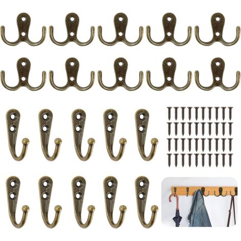 Lot de 20 crochets muraux doubles vintage en bronze avec vis pour porte, armoires, cuisine, bureau (1/5)