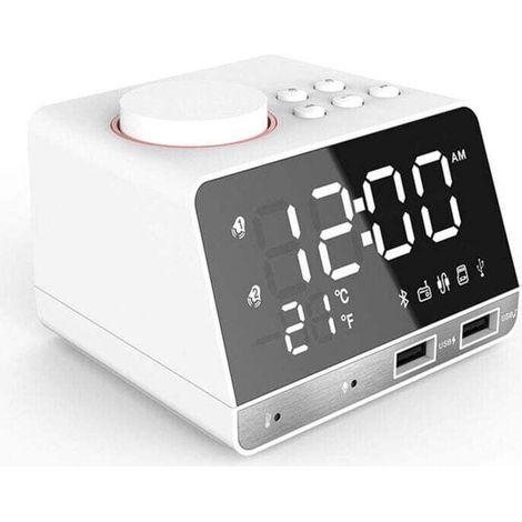 RéVeil NuméRique à LED, Haut-Parleur Basse Bluetooth, Radio FM 2 Chargeur USB Horloges de Chevet, Lecteur de Musique Fonction de TempéRature de RéPéTition RéVeil pour Enfants