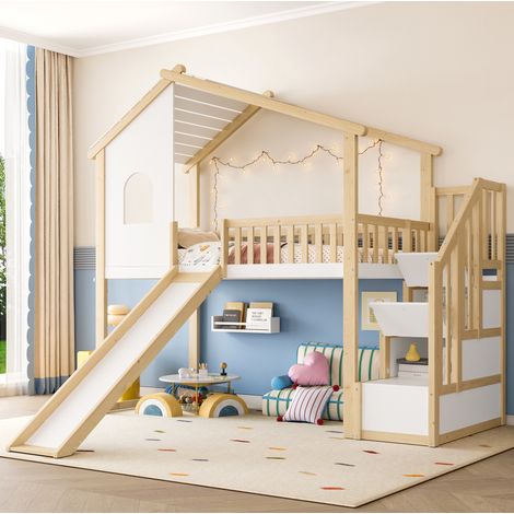 Letto rialzato 90x200 cm con scivolo, scala contenitore, corrimano a casetta e sponde di sicurezza, bianco e naturale, senza materasso (1/5)