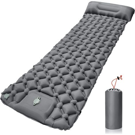 Matelas de camping gonflable, imperméable, avec pompe à pied et oreiller, ultraléger et portable, idéal pour le camping, la randonnée et les voyages - gris