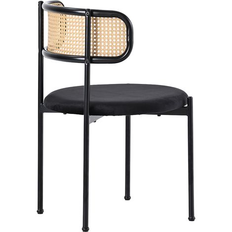 Chaise de salle à manger en velours noir avec dossier en rotin et pieds métalliques, lot de 6 (1/5)