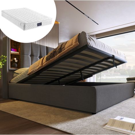 Cama doble tapizada con carga USB y almacenaje gris OKMYHOME (1/5)