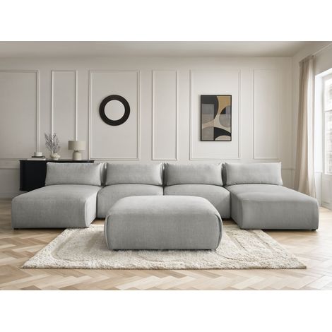 BOBOCHIC - Canapé panoramique fixe modulable avec têtières JANA tissu velours avec 2 méridiennes, 2 chauffeuses et 1 grand pouf   Gris clair