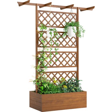Hochbeet mit integriertem Rankgitter, Blumenkasten mit Abflusslöchern, Design aus Vliesstoff in Holzoptik