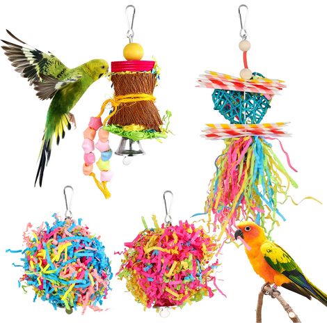 Lot de 4 jouets déchiqueteurs pour oiseaux, fibres tressées naturelles à mâcher, accessoires suspendus à picorer interactifs d’enrichissement pour perruches, touïs, inséparables, calopsittes et petits (1/5)