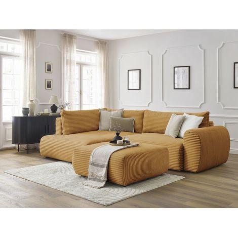 BOBOCHIC - Canapé d'angle L convertible coffre LUCIEN gros côtelé doux avec pouf Angle gauche Jaune (1/5)
