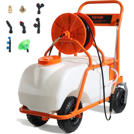 VEVOR Rasensprüher mit Rädern, einstellbarer Druck 0–90 PSI, Sprühgerät mit 60-L-Tank, mit 8 Düsen, 2 Zauberstäben, breiter Öffnungsdeckel für Garten, Jäten, Sprühen (1/5)