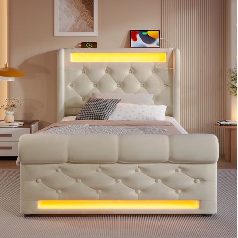 Lit coffre 90x200 cm en velours beige avec LED, tête de lit avec USB/Type-C, sommier relevable + matelas inclus (1/5)