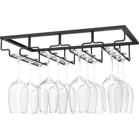 1 Porte-verres suspendu, acier, 4 rails, dessous étagère, cuisine, noir