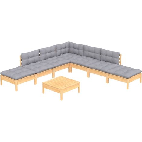 vidaXL Set Divani da Giardino 8 pz con Cuscini Grigi Massello di Pino (1/4)