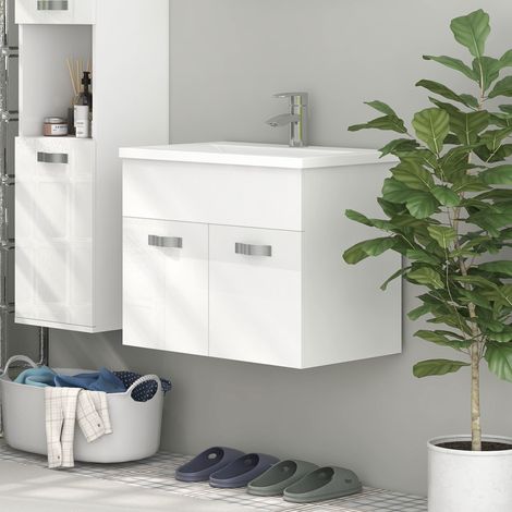Wandhängender Badezimmerschrank mit Waschbecken, 2-türiger Schrank mit Waschbecken und Soft-Close-Scharnieren, 61 x 40 x 50 cm, Hochglanzweiß