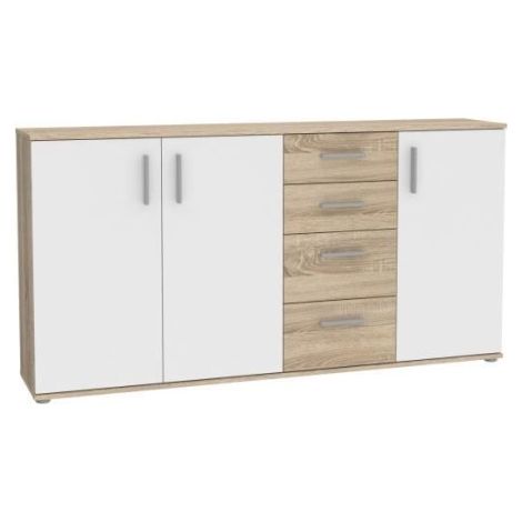 Buffet IKOLI - 3 portes, 4 tiroirs - Décor chêne Sonoma et blanc - L159,3 x P31,4 x H81,7 cm - Poignées en plastique (1/5)