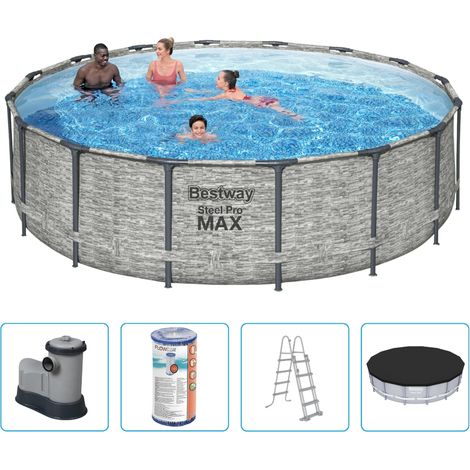 Piscine Bestway Steel Pro MAX - 488 x 122 cm - Imprimé pierre - Ronde - Avec pompe de filtration + accessoires (1/5)