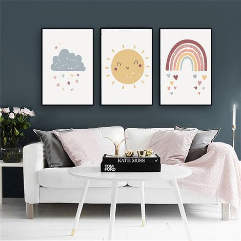 JSSEVN - Juego de 3 pósteres, póster para decoración de habitación infantil, cuadro decorativo para niña, póster sin marco de arcoíris, nube y sol, - 30 x 21 cm (1/2)