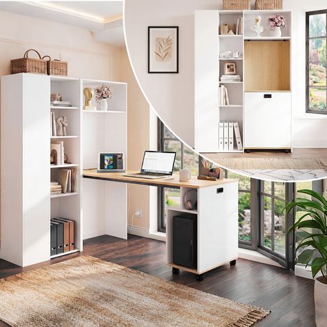 Bureau pliant avec étagères – Bureau et bibliothèque 2 en 1, pliable, avec prise électrique et port USB, étagères réglables en hauteur, dispositif anti-basculement, bureau blanc, bureau d'angle – gauc (1/5)