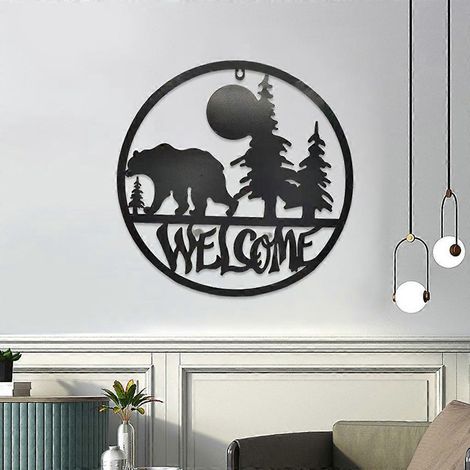 Décoration murale en métal : sculpture murale ours et arbre de la forêt, idéale pour une décoration rustique de style ferme, salon, chambre ou bureau. (1/4)