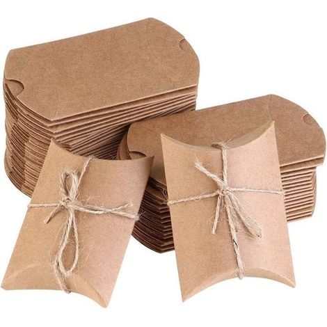 100 Vintage-Geschenkboxen aus Kissen, Kraftpapier-Geschenkboxen im Retro-Stil, Kraftpapier-Geschenkboxen für Weihnachten, Süßigkeiten (mit Juteschnur) (1/5)