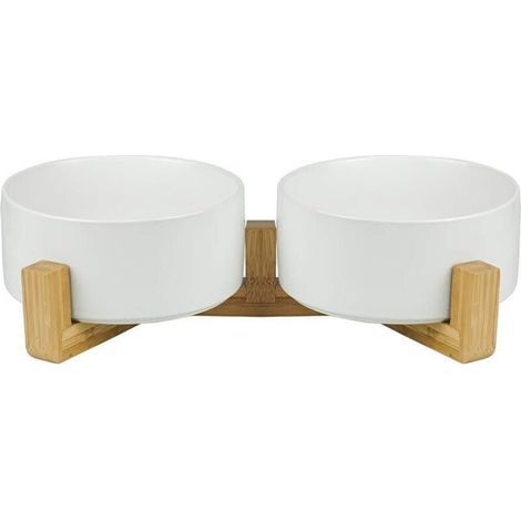 Blanc Pet Gamelles pour Chien et Chat Gamelles Chien Chat Céramique Support Bambou -Va au Lave-Vaisselle et Facile à Nettoyer (2 Bol)- (1/5)