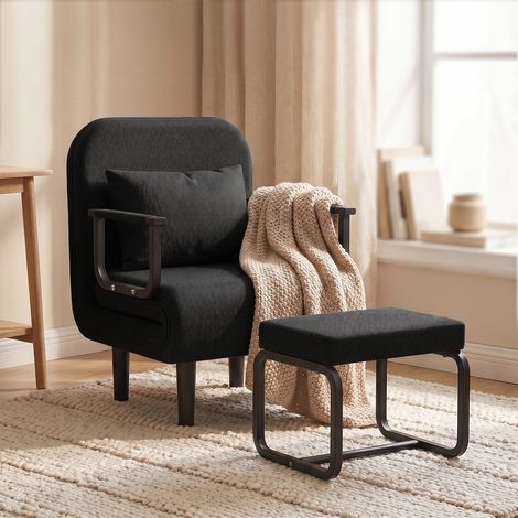 Fabulcozy 4-in-1-Schlafsofa aus Leinen mit Fußstütze und Metallarmlehnen für das Wohnzimmer – 184 x 60 cm, schwarz
