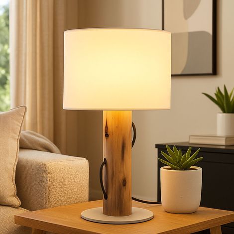 Tischlampe Tischleuchte Holz Leselampe Schlafzimmerleuchte Textilschirm weiß, Metall Stoff, 1x E14 Fassung, DxH 18x32 cm