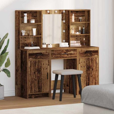 Schminktischset mit LED mit Regal 3 pcs Altholz Holzwerkstoff