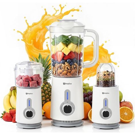 Blender Mixeur 3 en 1, Robot Culinaire avec Hachoir 500ml, Moulin à Café 300ml, Bol 1.25L, Lames 304, 3 Vitesses, Sécurité, Blanc (1/5)