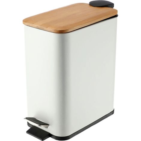 Poubelle de Salle de Bain en Acier avec Couvercle en Bambou, Pédale et Seau Interne Amovible, Petite Poubelle Pratique et Hygiénique (5L, Blanc)