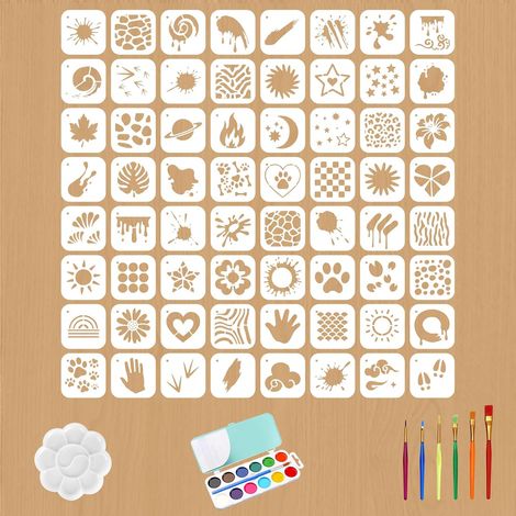 Lot de 64 mini pochoirs réutilisables pour peinture graffiti - 10 x 10 cm - Forme mélangée - Pochoirs muraux pour loisirs créatifs, bois, toile, meubles, patio, décoration d'intérieur (1/5)