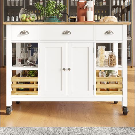Carrello da cucina su ruote 120x45x90 cm con vassoio ribaltabile, cesto, cassetto, in MDF e metallo, bianco e naturale (1/5)