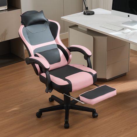 Chaise gaming ergonomique de style kawaii (rose et noir) avec repose-pieds rétractable et double coussin lombaire – polyvalente pour le télétravail et les pauses détente. (1/5)