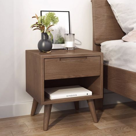 Tables de Chevet, Table D'appoint avec Rangement, Pieds en Bois, pour Chambre à Coucher, Salon,(Tiroir unique, Couleur noyer) (1/4)