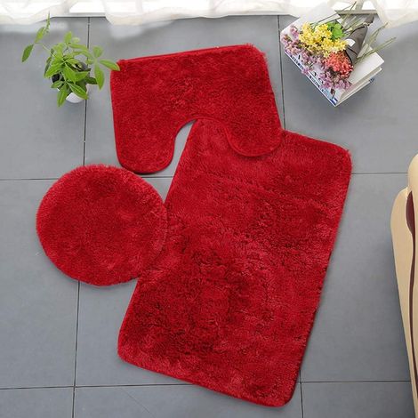Tapis de bain uni 3 pièces, moelleux et absorbant, antidérapant, avec couvercle de WC et carpette, lavable, rouge (1/4)