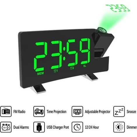 Digital Alarm Clock with Radio, USB Charging Port for Charging Phones, Time Projection (Green) (1/4)