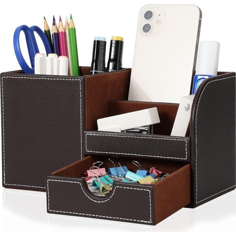 Organiseur de bureau - Porte-stylos de bureau - En cuir synthétique - Pot à crayons - Accessoire de bureau - Décoration d'organisation (marron 2) (1/5)
